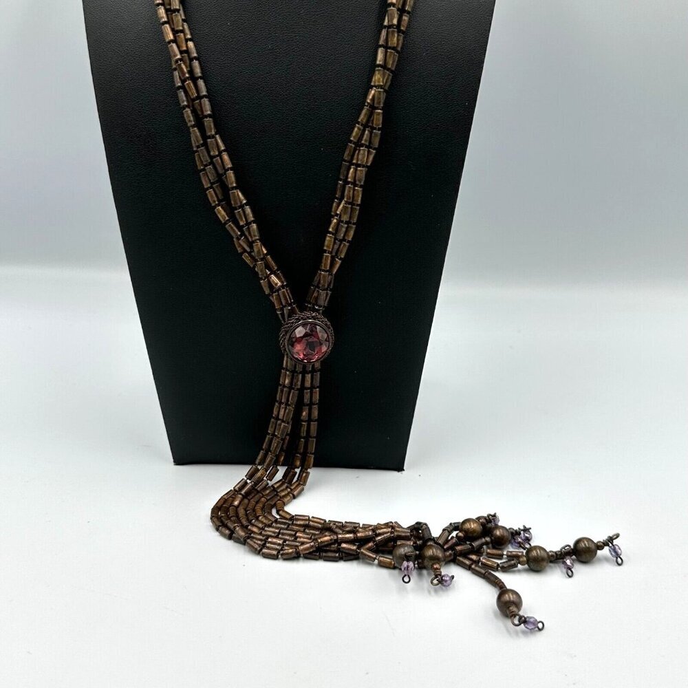Sarah Cavender Metalworks Necklace Copper Tone Beaded Lariat Purple Stone Tassel